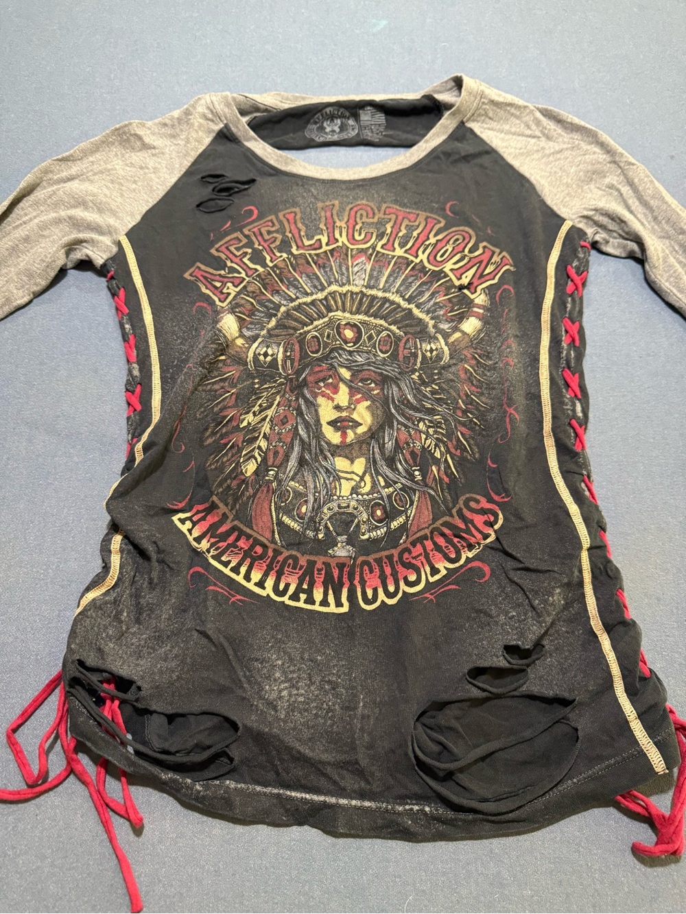 Affliction' Black, Red  & Gray Graphic Raglan Top w/ shred back American Customs